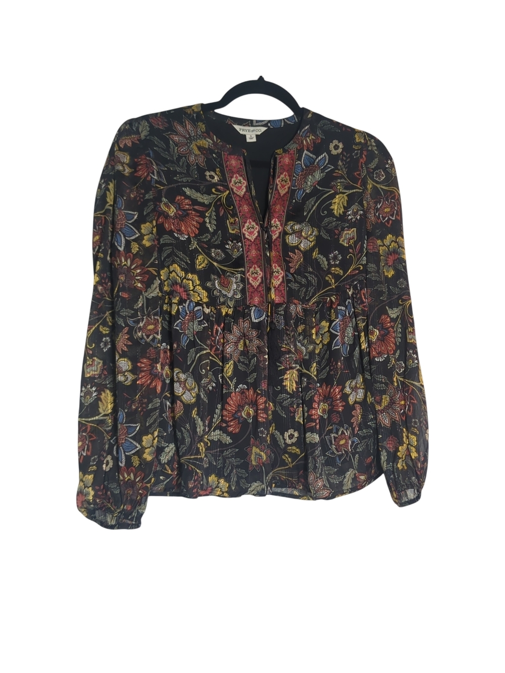 Frye & Co Boho Floral Blouse Size Small | Sheer Peasant Top Embroidered Neckline